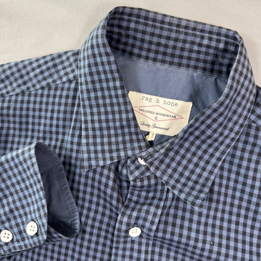 Rag & Bone Mens S Tailored Workwear Button Up Dress Shirt Blue Black Gingham